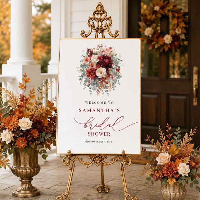 Affiche Classique floral automnal rouge profond de bienven (Classic deep red floral autumn bridal shower welcome sign

)