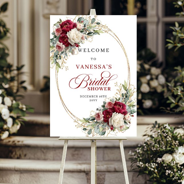 Affiche Classique Floral Doré de Bourgogne Bienvenue à la  (Classic Burgundy Floral Gold Bridal Shower Welcome)