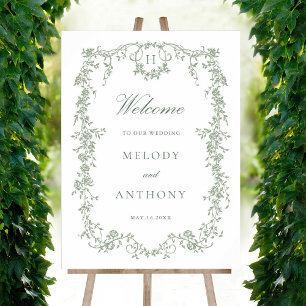Affiche Classique Français Floral Sage Vert Mariage Bienve