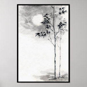 Affiche classique japonais sumi-e peinture art bambou lune