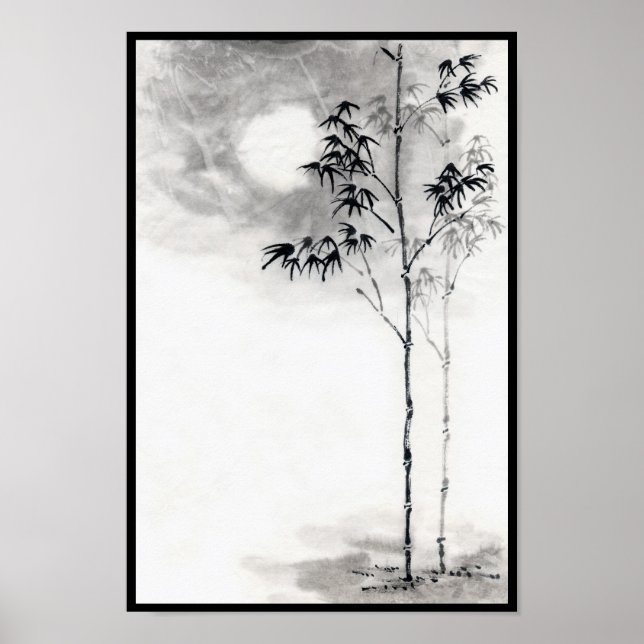 Affiche classique japonais sumi-e peinture art bambou lune (Devant)