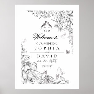 Affiche Classique Mariage Bienvenue Fleurs Blanc Noir 
