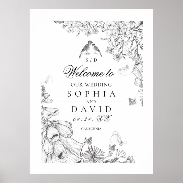 Affiche Classique Mariage Bienvenue Fleurs Blanc Noir  (Devant)