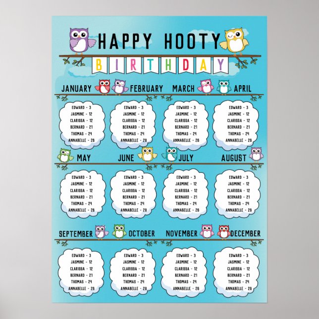Affiche Classroom Birthday Board in Cute Owl Thème (Devant)
