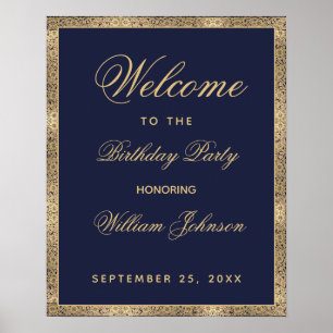 Affiche Classy Navy Blue Gold Birthday Party Welcome Sign