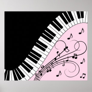 Affiche Clavier de piano noir et blanc design musical rose
