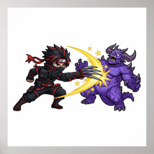 Affiche Claw Strike Ninja contre Monstre Chibi Anime Jeu R