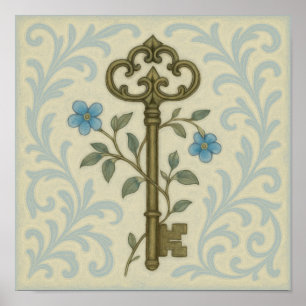 Affiche Clé vintage & Bleu Floral Wall Art - Style antique