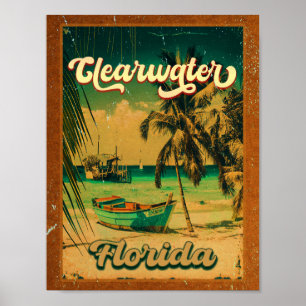 Affiche Clearwater Beach Floride Palm Tree Souvenirs 60s