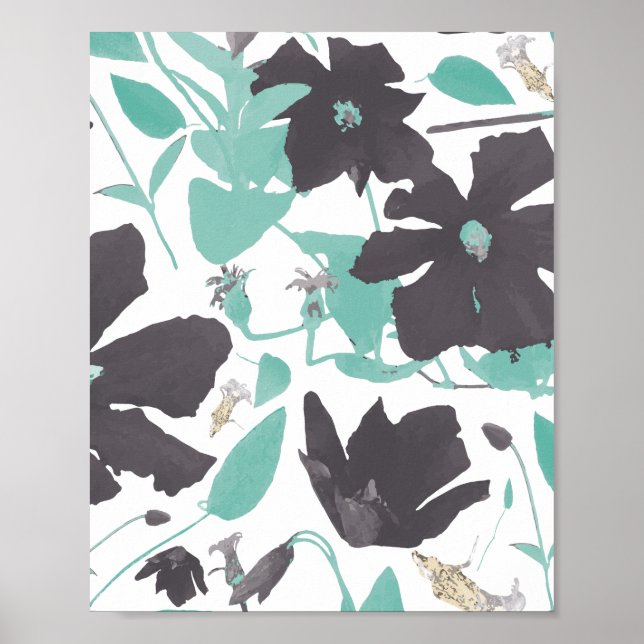 Affiche Clematis Floral Turquoise Motif Brown Art Imprimer (Devant)