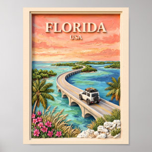 Affiche Clés de Floride USA Voyage Road Trip Tropical Vint