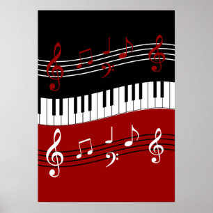 Affiche Clés et notes de piano noir rouge élégant