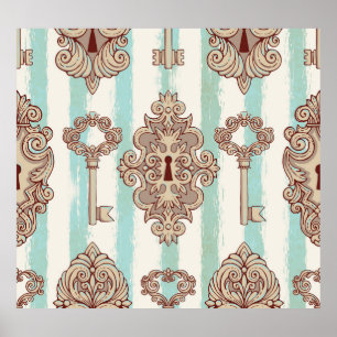 Affiche Clés vintages, verrous : motif à main levée.