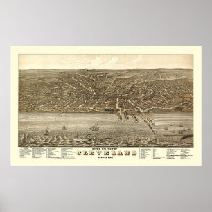 Affiche Cleveland, OH Carte panoramique - 1877