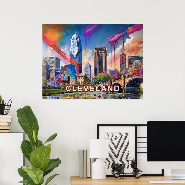 Affiche Cleveland Ohio Skyline Abstrait Art Vibrant (Bureau à domicile)