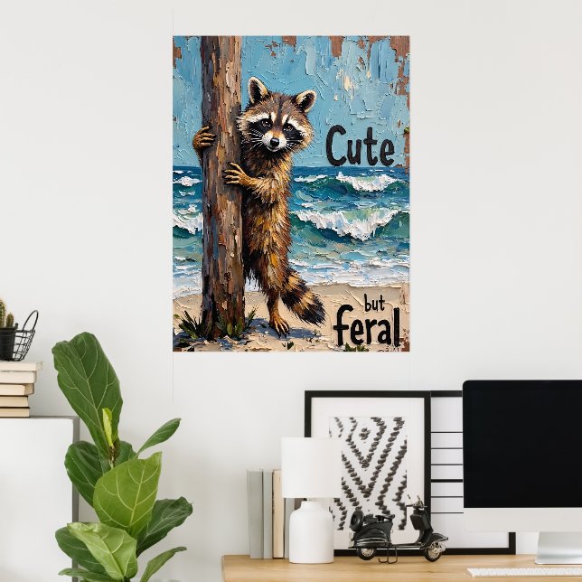 Affiche Climat côtier : Raccoon au bord de la mer (Bureau à domicile)