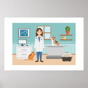 Affiche Clinique vétérinaire femme avec chat et chiot