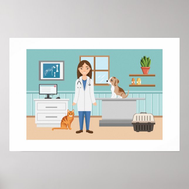 Affiche Clinique vétérinaire femme avec chat et chiot (Devant)