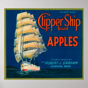 Affiche Clipper Ship Apple Étiquette (vert) - Cashmere, WA