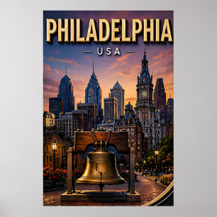 Affiche Cloche de la liberté et vue panoramique de Philade