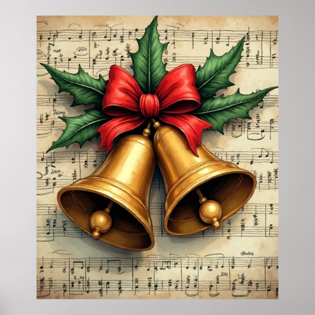 Affiche Cloche de Noël sur partition de musique, (Devant)