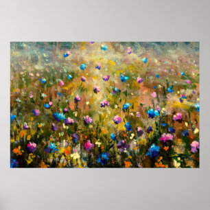 Affiche closeup de peinture Belle prairie de bleu rose fl