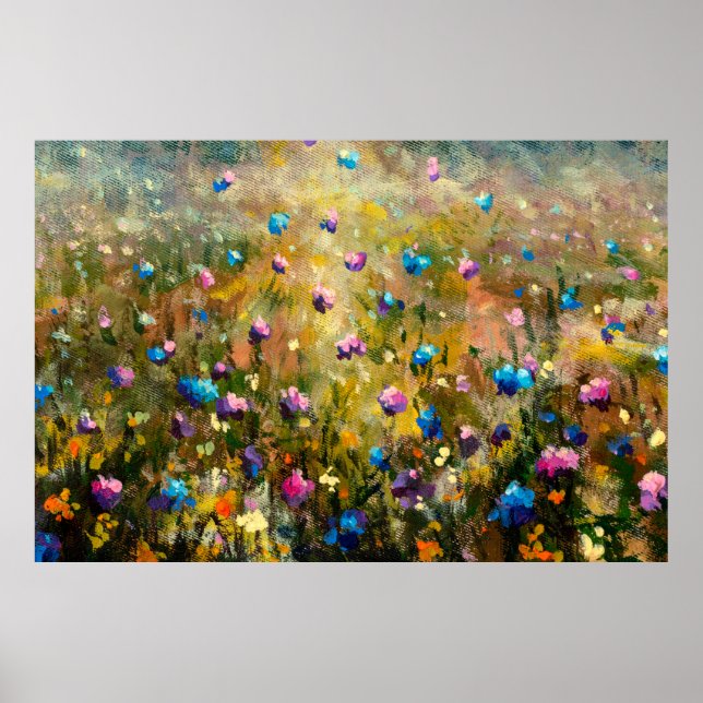 Affiche closeup de peinture Belle prairie de bleu rose fl (Devant)