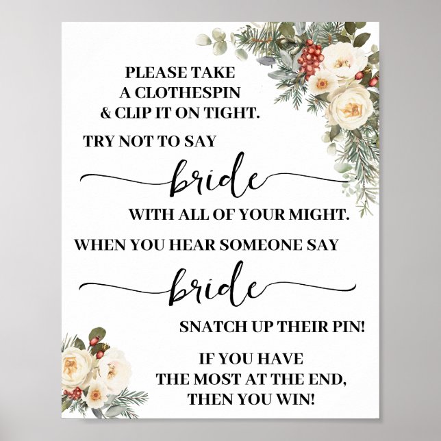 Affiche Clothespin Winter White Floral Bridal Shower Game (Devant)