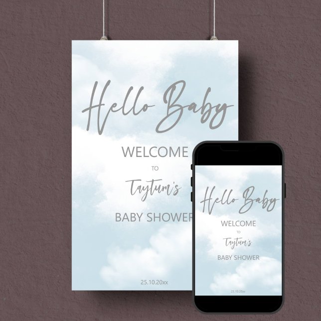Affiche Cloud baby shower pastel gris nuages signe de bien (Cloud baby shower pastel grey clouds welcome sign editable template poster digital download)