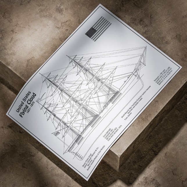 Affiche Cloud de vol de l'expédition clipper - Blueprint B (Clipper Ship Flying Cloud - Ship Blueprint BD. Poster)