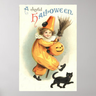 Affiche Clown noir Chat Jack-o'-lantern Citrouille