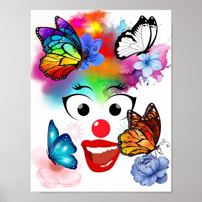 Affiche Clown, papillons et couleurs pastel (Devant)