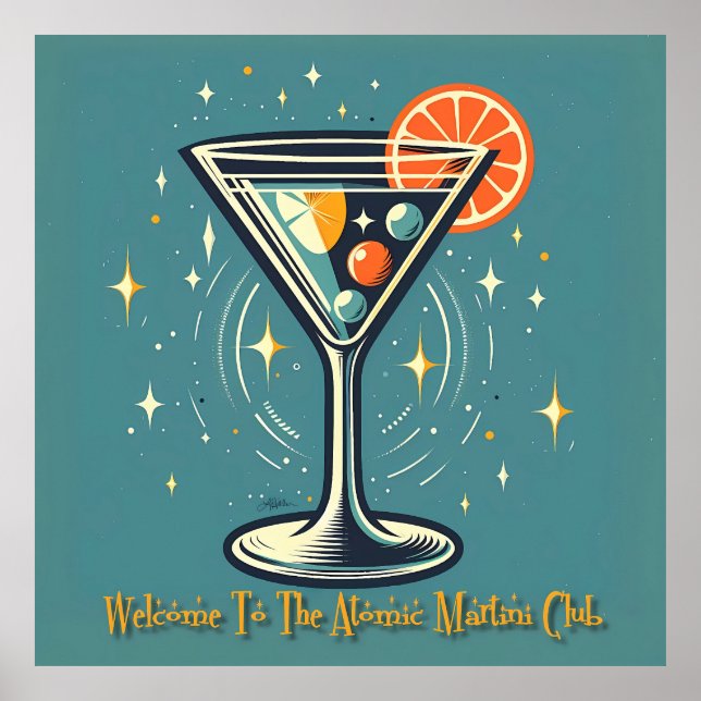 Affiche Club Atomic Martini Cocktail Rétro Futuriste (Devant)