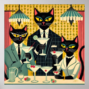 Affiche Club Martini Cat Noir Futuriste Rétro