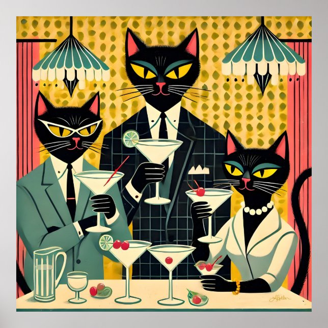Affiche Club Martini Cat Noir Futuriste Rétro (Devant)