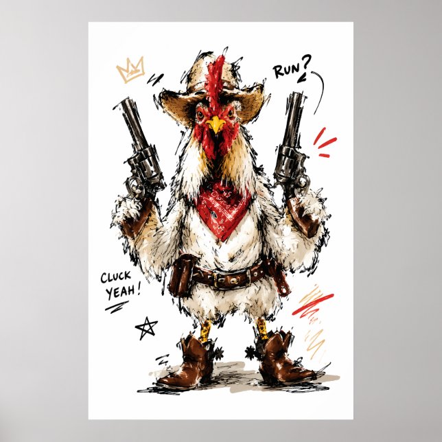 Affiche Cluck Yeah ! Coq Cowboy avec Pistolets (Devant)
