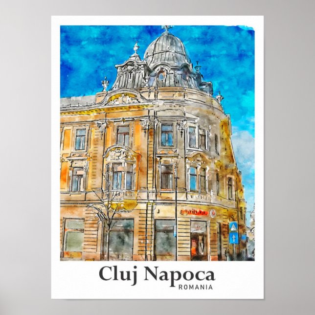 Affiche Cluj Napoca Roumanie Voyage Aquarelle main tirée (Devant)