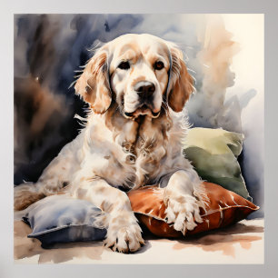 Affiche Clumber Spaniel Lounge sur Portrait d'encre Coussi