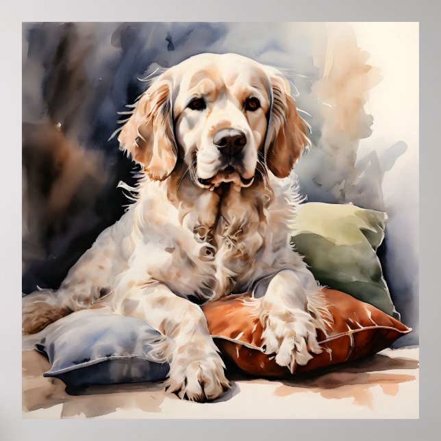 Affiche Clumber Spaniel Lounge sur Portrait d'encre Coussi (Devant)