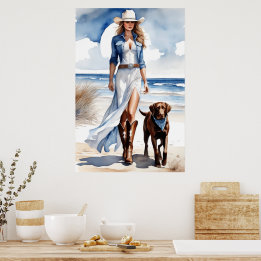Affiche Coastal Cowgirl avec Aquarelle de chien