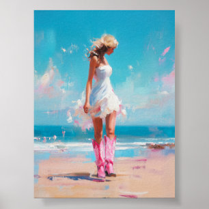 Affiche Coastal Cowgirl - Bottes roses et robe blanche pla
