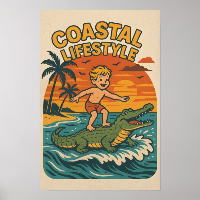 Affiche Coastal Lifestyle Gator Surfing - Retro Surf Beach (Devant)