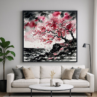 Affiche Coastal Sakura - Watercolor Style Cherry Blossoms