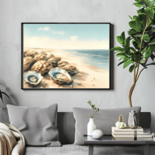 Affiche Coastère Oyster Shells Aquarelle Plage Paysage