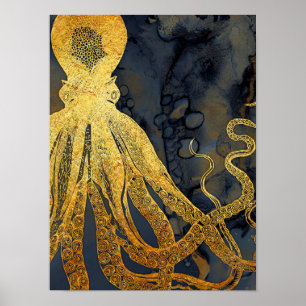 Affiche Coastère Vintage Octopus Gold Black Blue Aquarelle