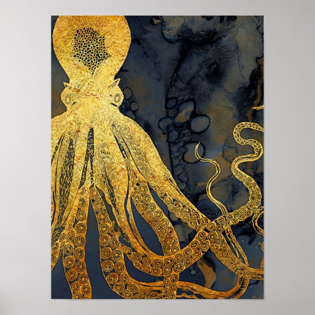 Affiche Coastère Vintage Octopus Gold Black Blue Aquarelle (Devant)