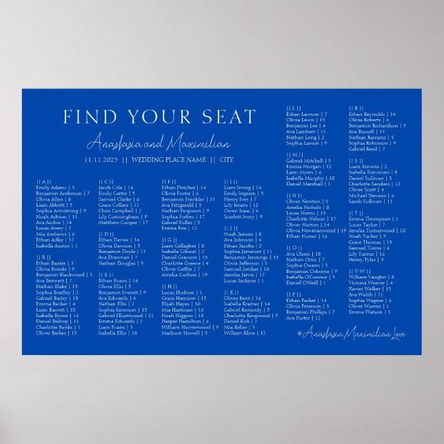 Affiche Cobalt Blue Wedding Alphabetical Seating Chart (Devant)