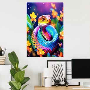 Affiche Cobra serpent avec rose et jaune turquoise éclatan