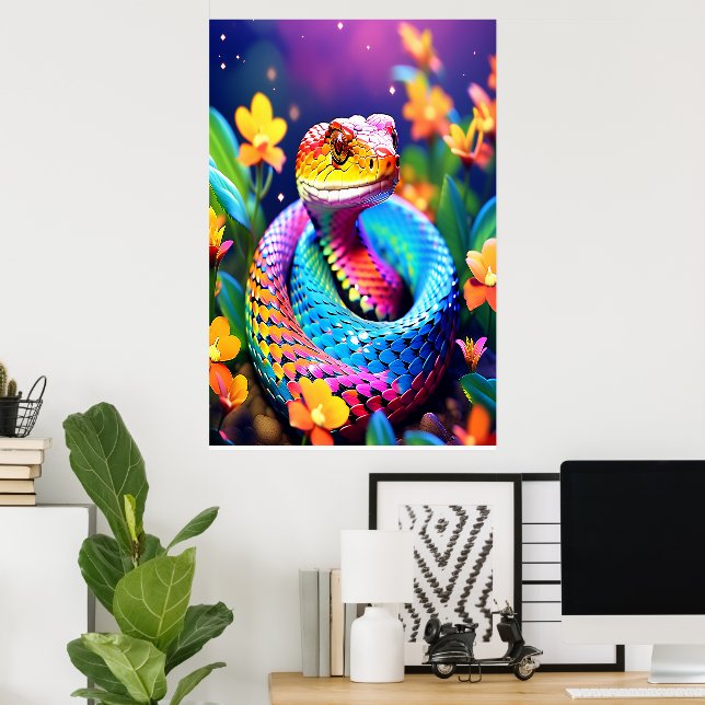 Affiche Cobra serpent avec rose et jaune turquoise éclatan (Bureau à domicile)