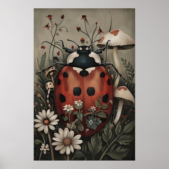 Affiche Coccinelle dans un jardin de fleurs sombres et de  (Devant)